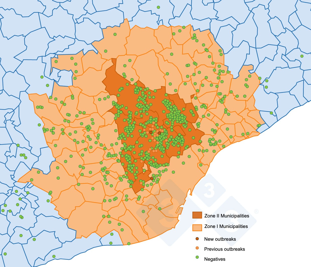 <p>Location of the 37 outbreaks in wild boars and of the wild boars captured or found dead and negative detected in restricted zone II (Source: MAPA).</p>
