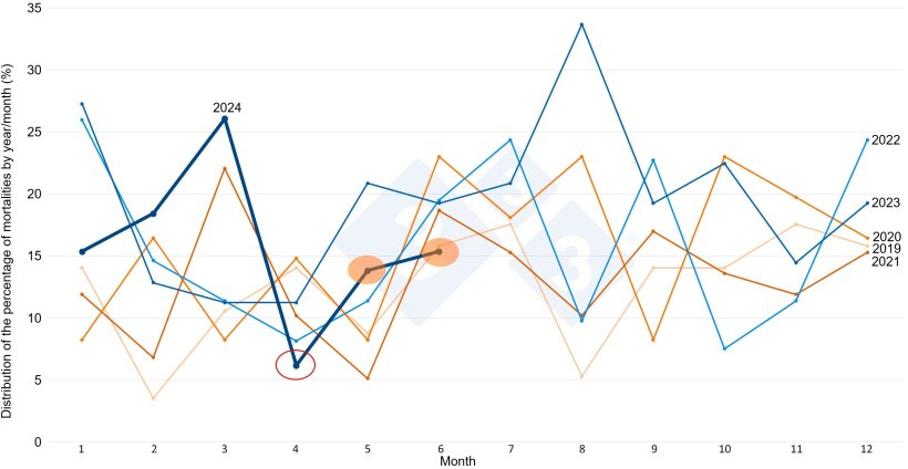 Figure 6. Distribution of relative mortality by month and year.
