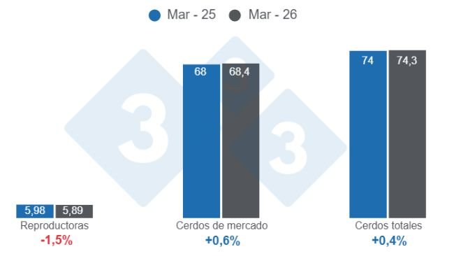 Figure 1: U.S. swine inventory as of March 1, 2026, figures in millions of head, year-over-year changes.
Prepared by the Economics and Sustainability Department of 333 Latin America using data from USDA-NASS