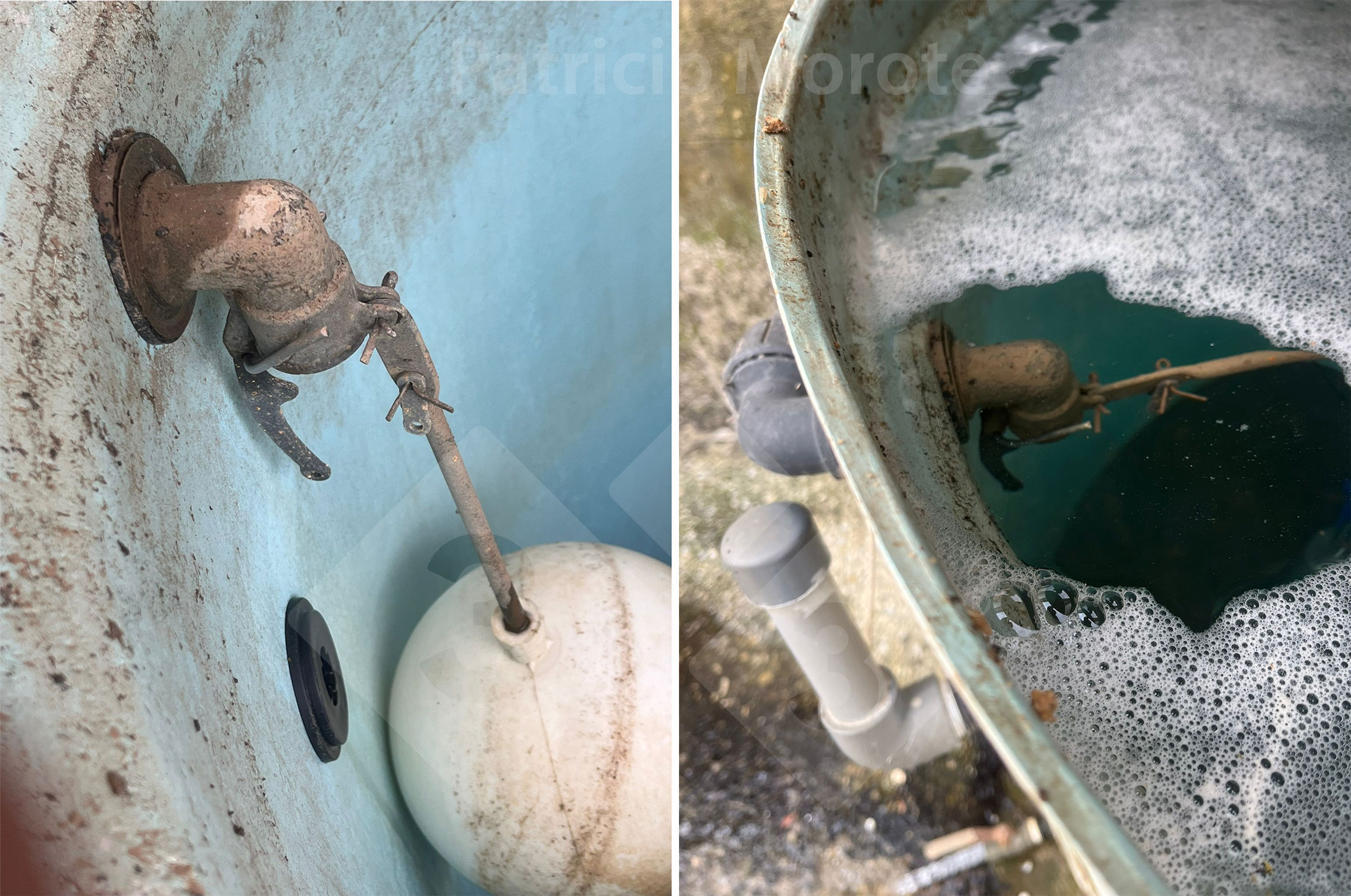 <p>Photo 1. On the left, a damaged float valve. On the right, an overflowing tank due to a float valve failure.</p>