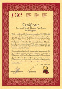 OIE certificate FMD free zones in Philippines