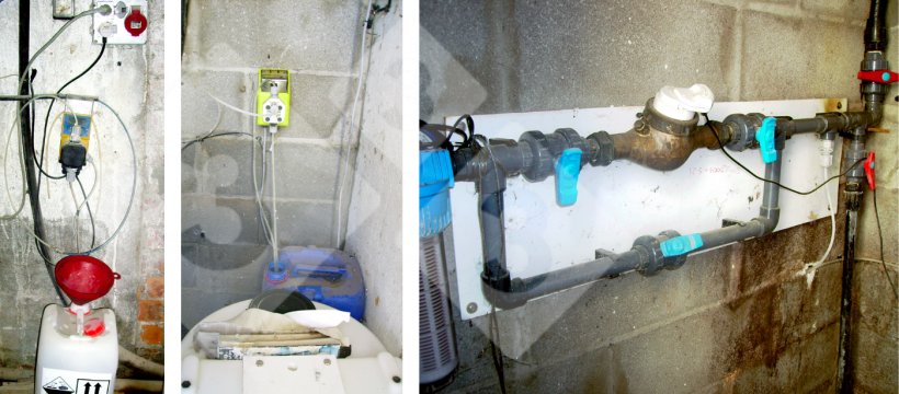 Figure 7. Sanitation system. Left: Chlorine dosing pump, Center: Hydrogen peroxide dosing pump, Right: Filter, flow rate meter and "by pass".