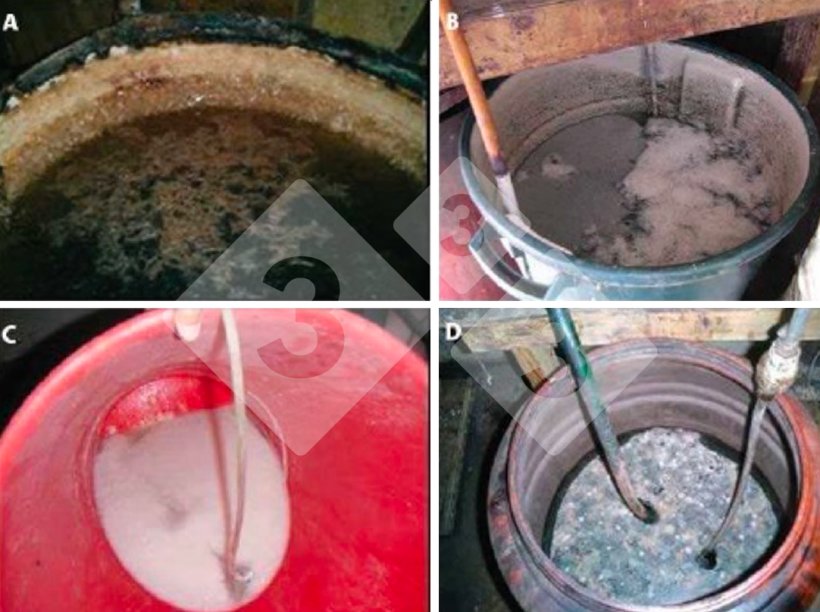 Figure 1. Solutions and precipitation products that can block the medication system. A: Crystals and black mud B: Crystals and floating precipitate; C: White precipitate in a solution; D: Floating precipitate. Source: Dorr PM, Madson M, Wayne S, et al. (2009).