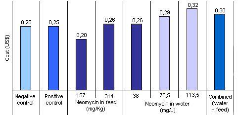 Effect of medicating water and feed on cost (water + medication per kg of meat gained)