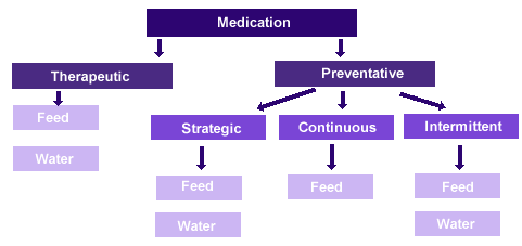 Major oral medications used in water and feed
