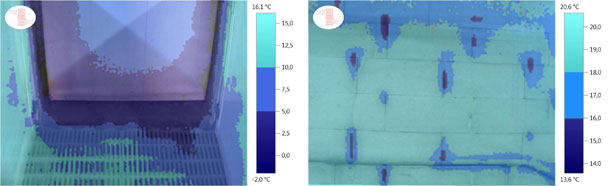 Thermographic image (scale with limit values) with air infiltrations through a doorframe (weaner pigs unit, winter).