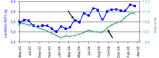 elationship between lactation feed intake and subsequent born alive.