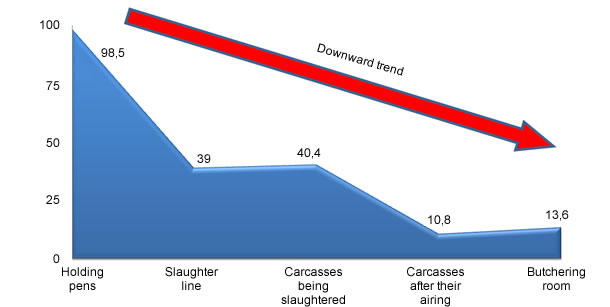 Prevalences attributable to different areas of the abattoir