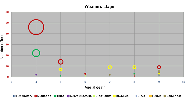 Distribution of the losses according to the age and the cause in the weaners stage of farms with diarrhoea problems