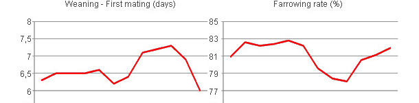  Variations in the interval from the weaning to the first mating and in the percentage of births resulting from the matings according to the month, year 2008
