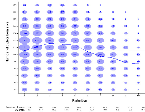 Number of piglets born alive per parturition number; period: January 2006-December 2009