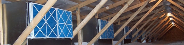 Image of the attic with filter boxes in a sows' farm adapted to the air filtering system.