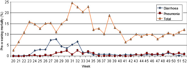 Mortality percentage in the farrowing quarters