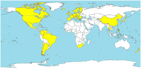 Countries in which the PCV2-SD has been diagnosed (yellow-coloured).