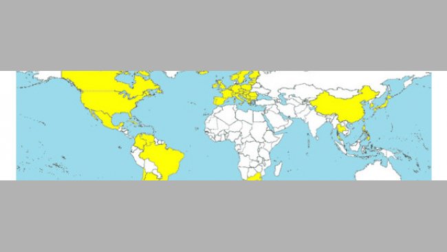 Countries in which the PCV2-SD has been diagnosed (yellow-coloured).