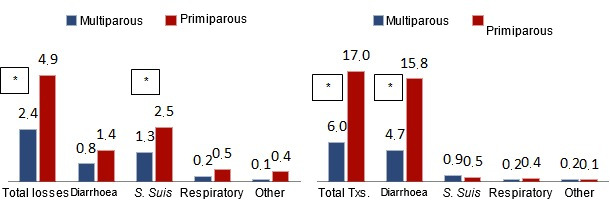 Total losses (%), treated animals (%) and their distribution according to the origin of the piglets (born to primiparous or multiparous sows)