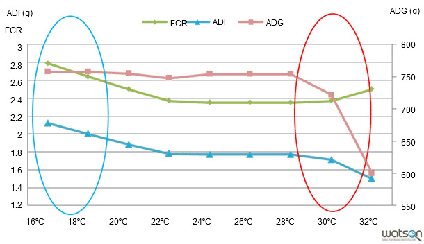 Evolution of the zootechnical parameters depending on the model, bearing in mind the temperature as the only variable.