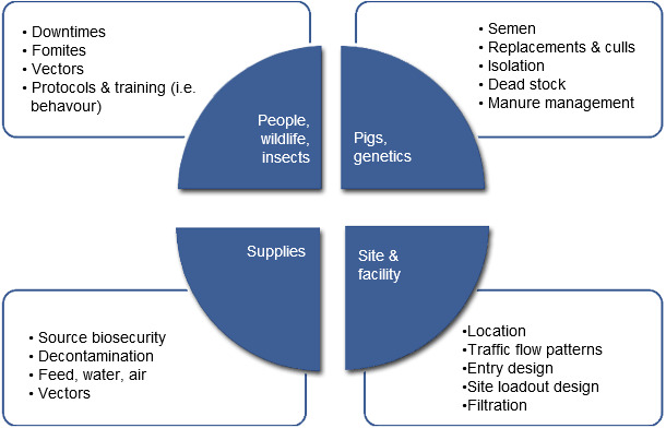 Common list of factors that are reviewed when a biosecurity program is being created or audited