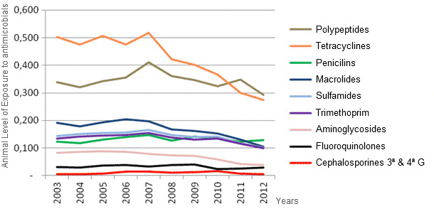 Evolution of pig antibiotics consumption between 2003 and 2012 in France 