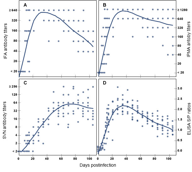 PRRSV specific antibody response in pigs over time after experimental infection