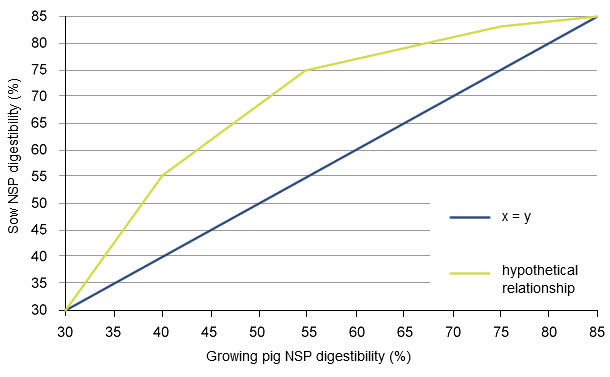 Hypothetical relationship between non-starch polysaccharides (NSP) digestibility of growing pigs and sows