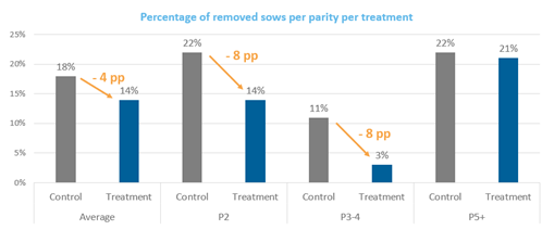 Figure 4 - Trial results – Removed sows per parity in the control and treated groups. Commercial farm, The Netherlands